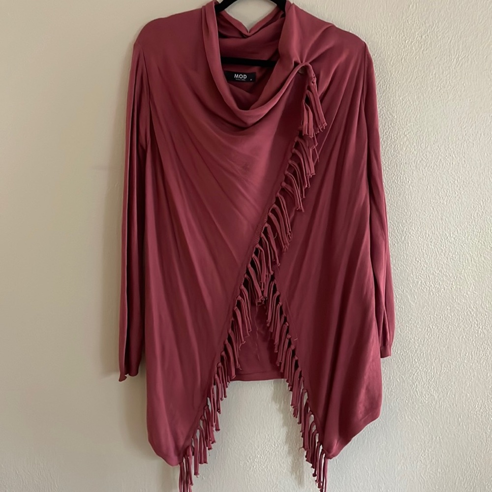 Rust color Long Sleeve Wrap Shawl Fringe Trim Cardigan Sweater. Size M.
